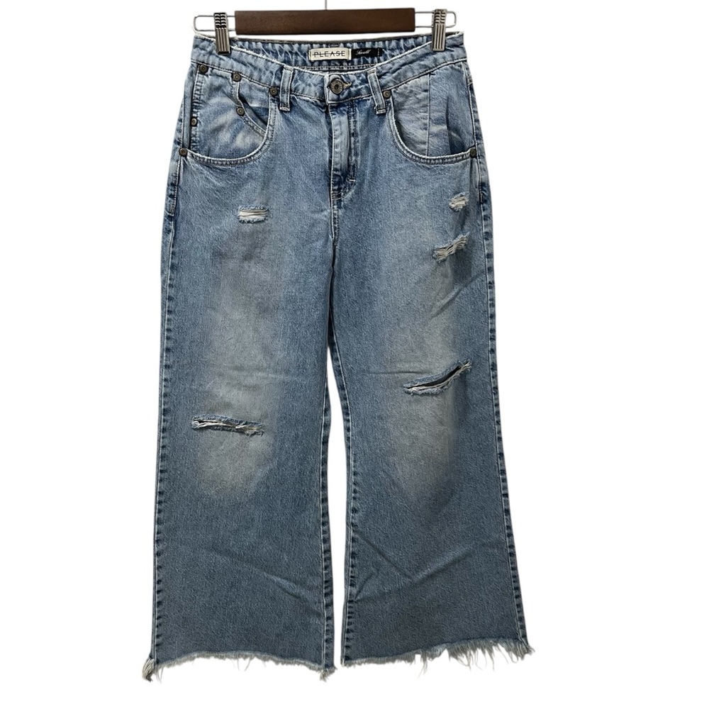 Please Jeans Distressed Wide-Leg Crop Denim